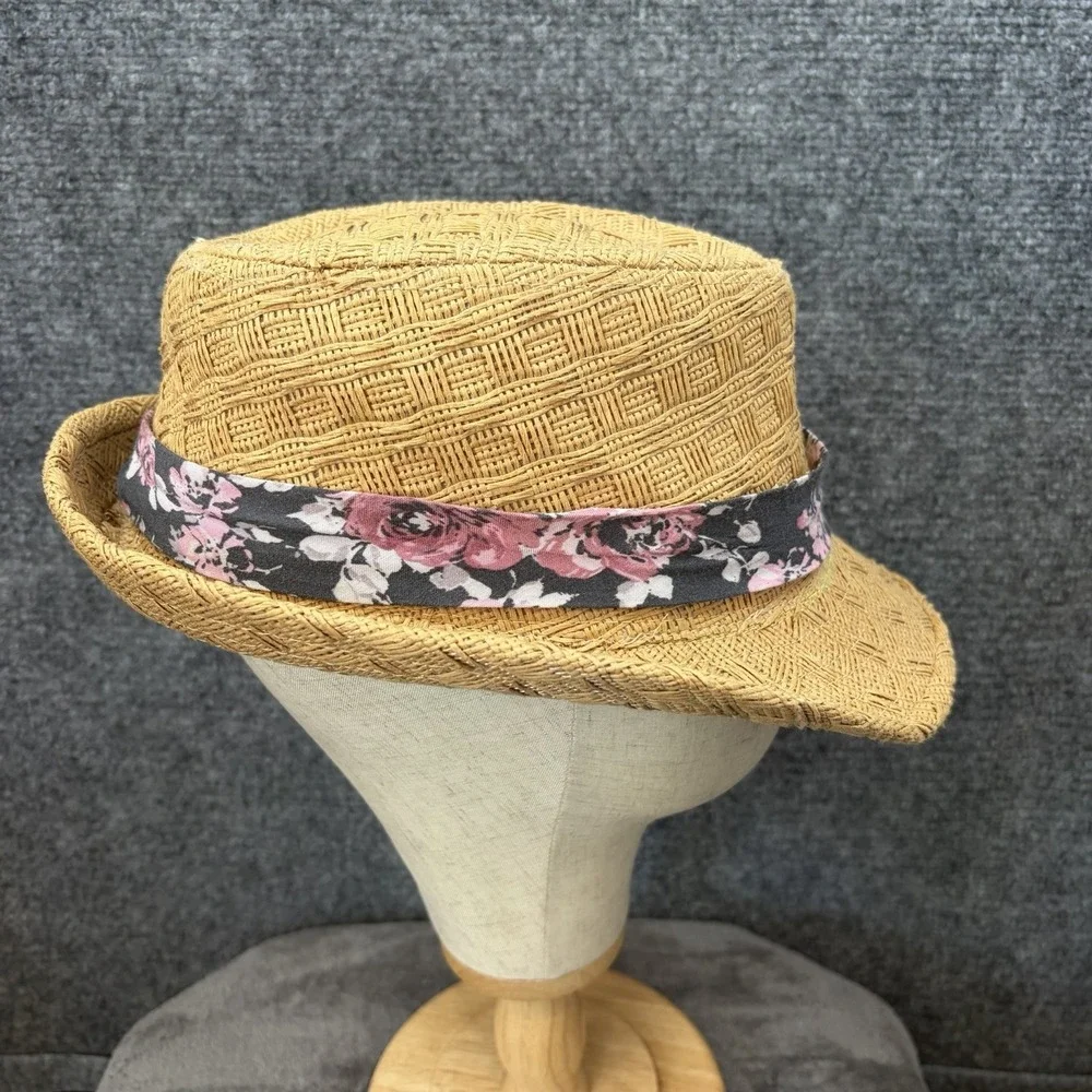Lucy Love Straw Fedora Hat Womens OS Tan Floral Band Woven Sun Beach Summer Boho